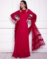 Rerdy To Wear Hot Pink Faux Georgette Ruffle Work Anarkali Gown With Dupatta