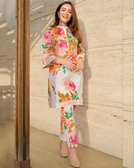 Rerdy To Wear Off  White Crep Silk Floral Print Pent Suit With Dupatta