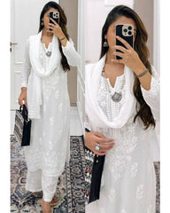 Rerdy To Wear White Maslin Embroidery Work Pent Suit With Dupatta