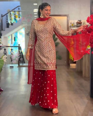 Gorgeou Red Heavy Faux Georgette Embroidery Work Plazzo Suit With Dupatta