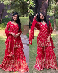 Rerdy To Wear Red Faux Geogette Embroidery Work Gharara Suit With Dupatta