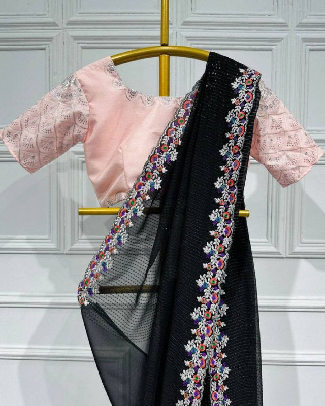 Gorgeous Georgette Embroidery Work Black Saree With Peach Blouse