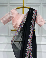 Gorgeous Georgette Embroidery Work Black Saree With Peach Blouse
