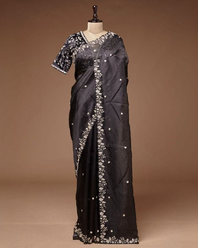 Gorgeou Organza Silk Embroidery Work Saree With Blouse