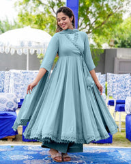 Rerdy To Wear Powder Blue Faux Georgette Gpo Lace Work Anarkali Suit With Dupatta
