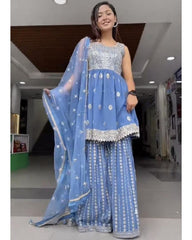 Rerdy To Wear Blue Faux Georgette Embridery Work Gharara Suit With Dupatta