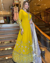 Gorgeou Yellow Faux Georgette Embroidery Work Anarkali Suit With Dupatta