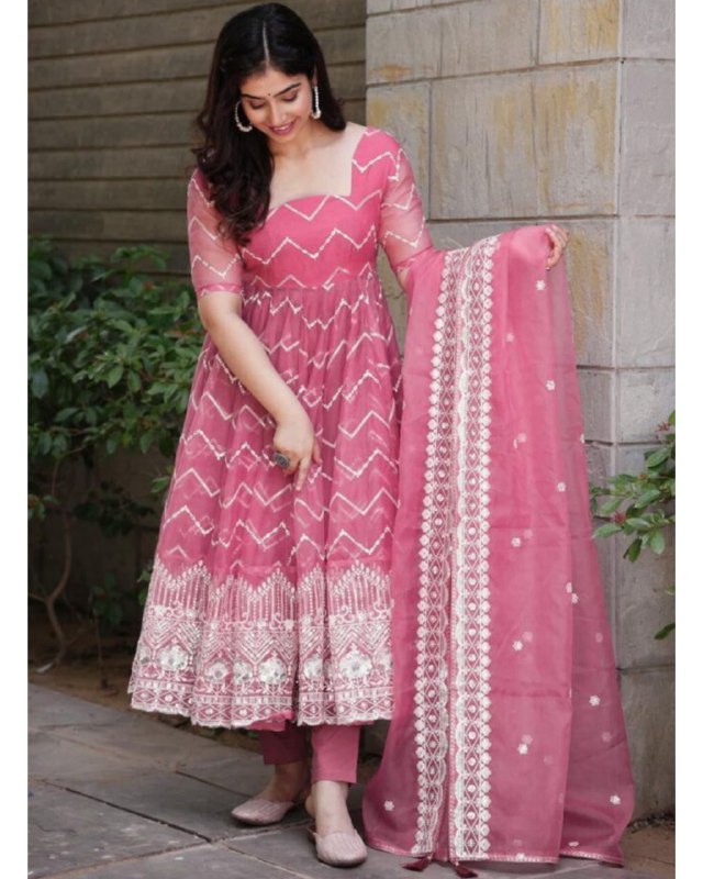 Rerdy To Wear Pink Heavy Organza Silk Thred Work Anarkali Suit With Dupatta