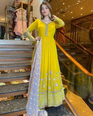 Gorgeou Yellow Faux Georgette Embroidery Work Anarkali Suit With Dupatta