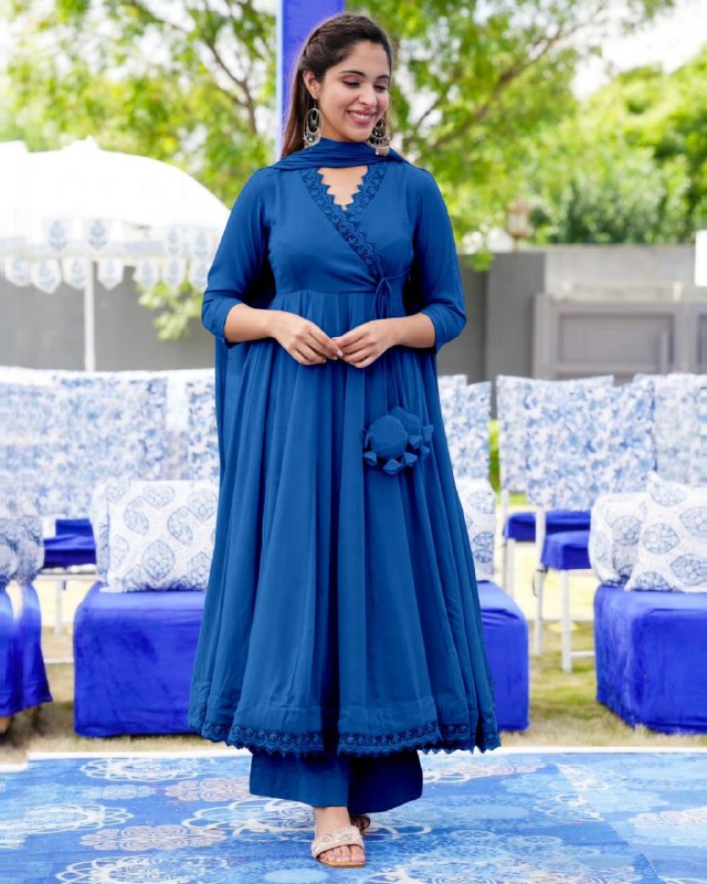 Rerdy To Wear Blue Faux Georgette Gpo Lace Work Anarkali Suit With Dupatta