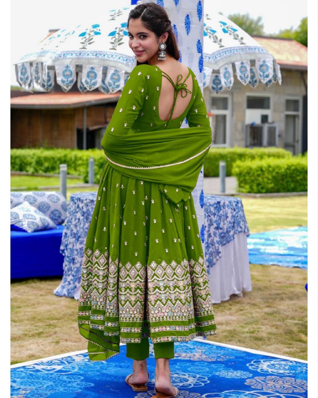 Rerdy To Wear Green Faux Georgette Embroidery Work Anarkali Suit With Dupatta