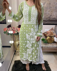 Rerdy To Wear Pista Green Faux Georgette Chikankari Work Pent Suit