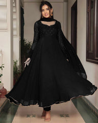 Rerdy To Wear Black Pure Georgette Lace Work Anarkali Suit With Dupatta