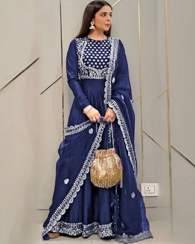 Rerdy To Wear Blue Faux Georgette Embroidery Work Anarkali Gown With Dupatta
