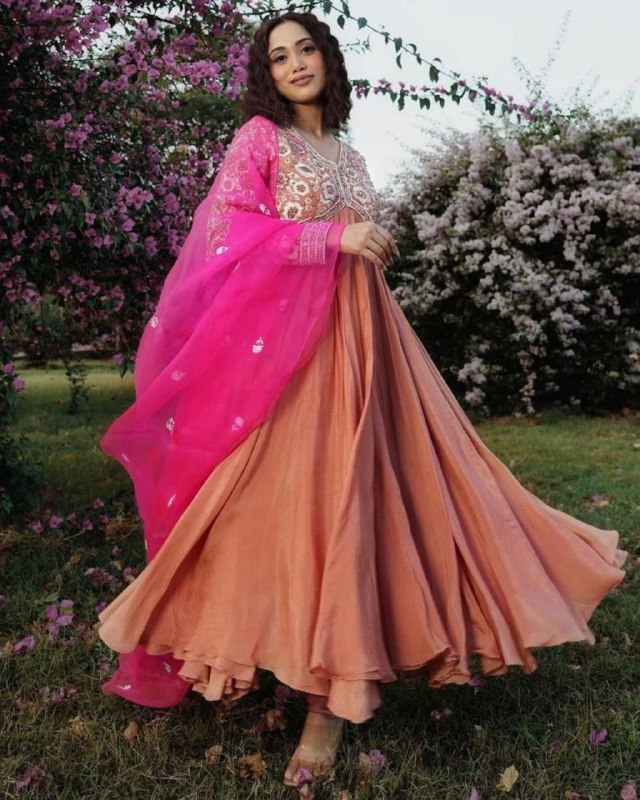 Rerdy To Wear Faux Georgette Embroidery Work Peach Anarkali Suit With Pink Dupatta