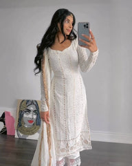 Rerdy To Wear White Faux Georgette Embroidery Work Pent Suit With Dupatta