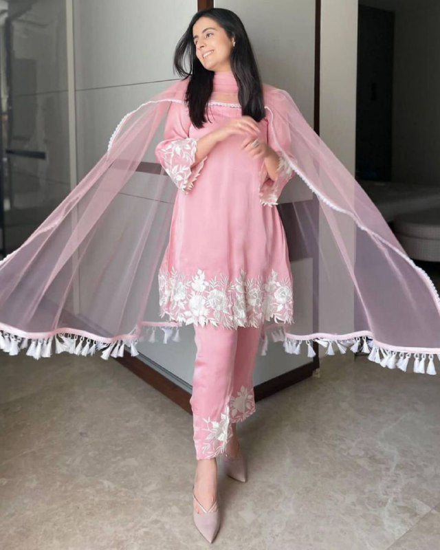 Gorgeous Pink Fiona Silk Embroidery Work Pent Suit With Dupatta