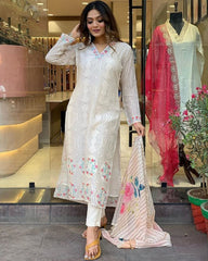 Rerdy To Wear White Maslin Digital Print Pent Suit With Dupatta