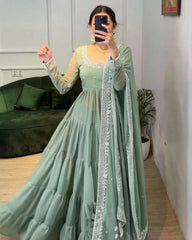 Rerdy To Wear Light Sea Green Heavy Georgette Embroidery Work Anarkali Gown With Dupatta