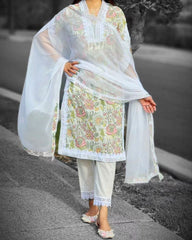 Rerdy To Wear White Pure Georgette Embroidery Work Pent Suit With Dupatta