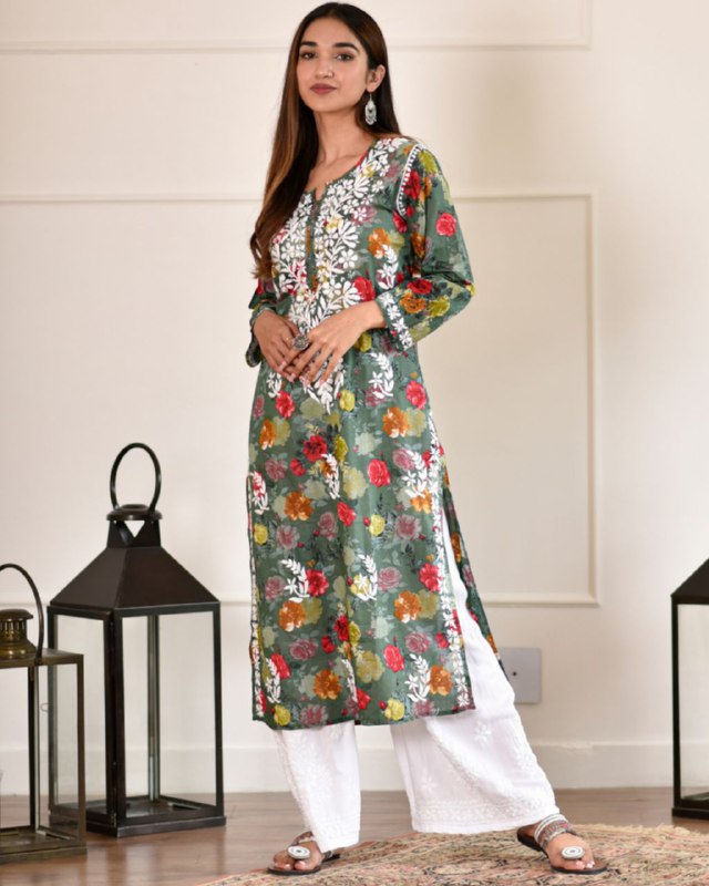 Gorgeou Green-White Heavy Georgette Digital Print Plazzo Suit With Dupatta