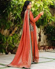 Gorgeous Orange Fuax Georgette Embroidery Work Plazzo Suit With Dupatta