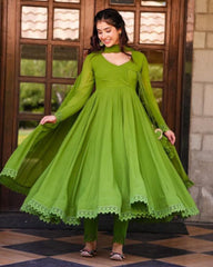 Rerdy To Wear Parrto Green Faux Georgette Gpo Lace Work Suit With Dupatta