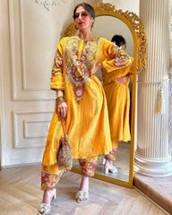 Rerdy To Wear Yellow Parampara Silk Embroidery Work Pent Suit With Dupatta