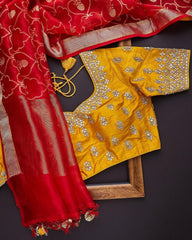 Gorgeou Red-Yellow Banarasi Soft Silk Jaquard Work  Saree With Blouse