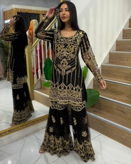 Rerdy To Wear Black Faux Georgette Embroidery Work Sharara Suit With Dupatta