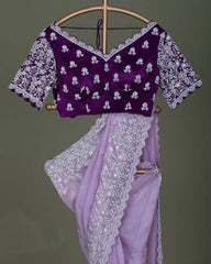 Gorgeou Soft Organza Silk Embroidery Work Purple Saree With Wine Blouse