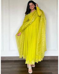 Rerdy To Wear Lime Faux Georgette Embroidery Work Anarkali Suit With Dupatta