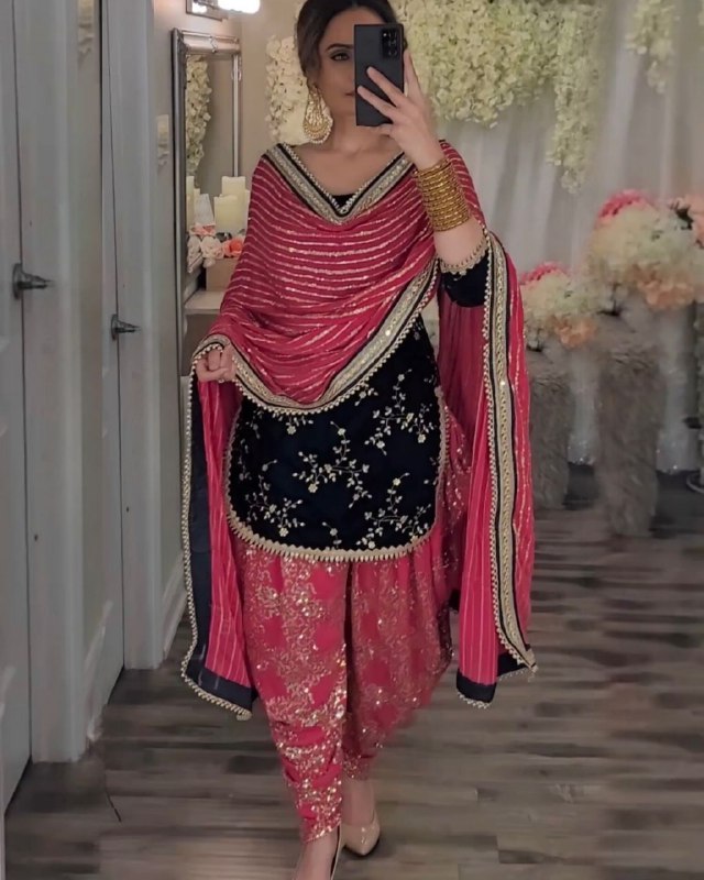 Rerdy To Wear Pink-Black Viscose Velvet  Embroidery Work Punjabi Suit With Dupatta