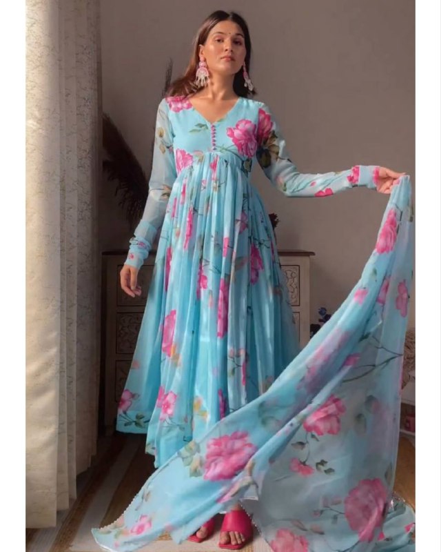 Rerdy To Wear Sky Georgette Digital Print Anarkali Suit With Dupatta