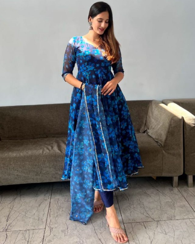 Gorgeous Blue Georgette Digital Print Anarkali Suit With Dupatta