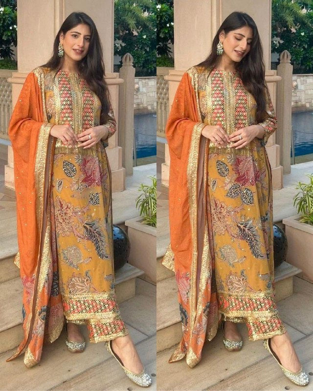 Rerdy To Wear Yellow Faux Georgette Digital Print Pent Suit With Dupatta