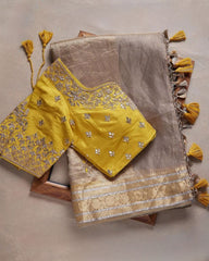Gorgeou Mud-Yellow Heavy Khadi Organza Embroidery Work  Saree With Blouse