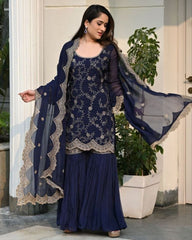 Rerdy To Wear Blue Faux Georgette Embroidery Work Plazzo Suit With Dupatta