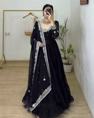 Rerdy To Wear Black Heavy Georgette Embroidery Work Anarkali Gown With Dupatta