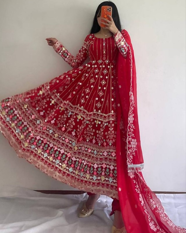 Rerdy To Wear Red Faux Georgette Embroidery Work Anarkali Suit With Dupatta