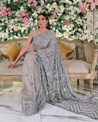 Gorgeous Grey Soft Georgette Embroidery Work Saree With Blouse