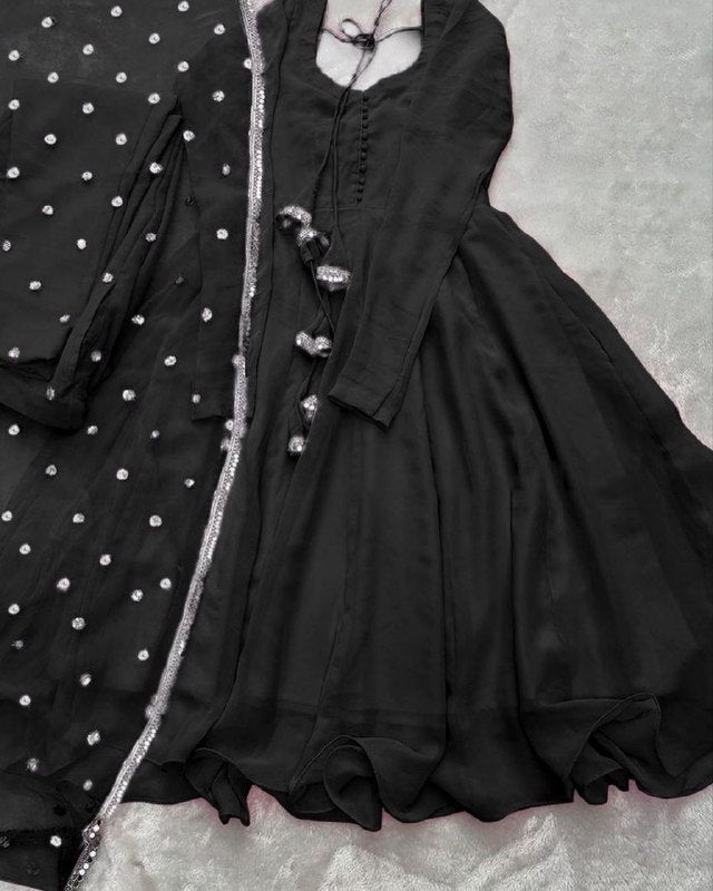 Rerdy To Wear Black Faux Georgette Ruffle Work Anarkali Suit With Dupatta