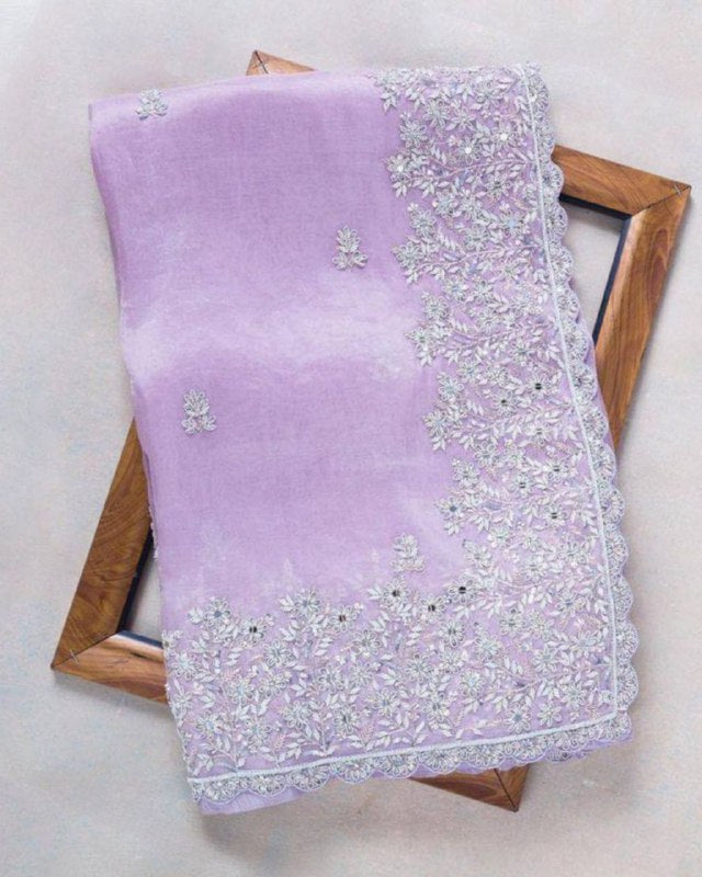 Gorgeou Soft Organza Silk Embroidery Work Purple Saree With Wine Blouse