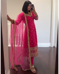 Ready To Wear Hot Pink Faux Georgette Sequins Work Anarkali Suit With Dupatta