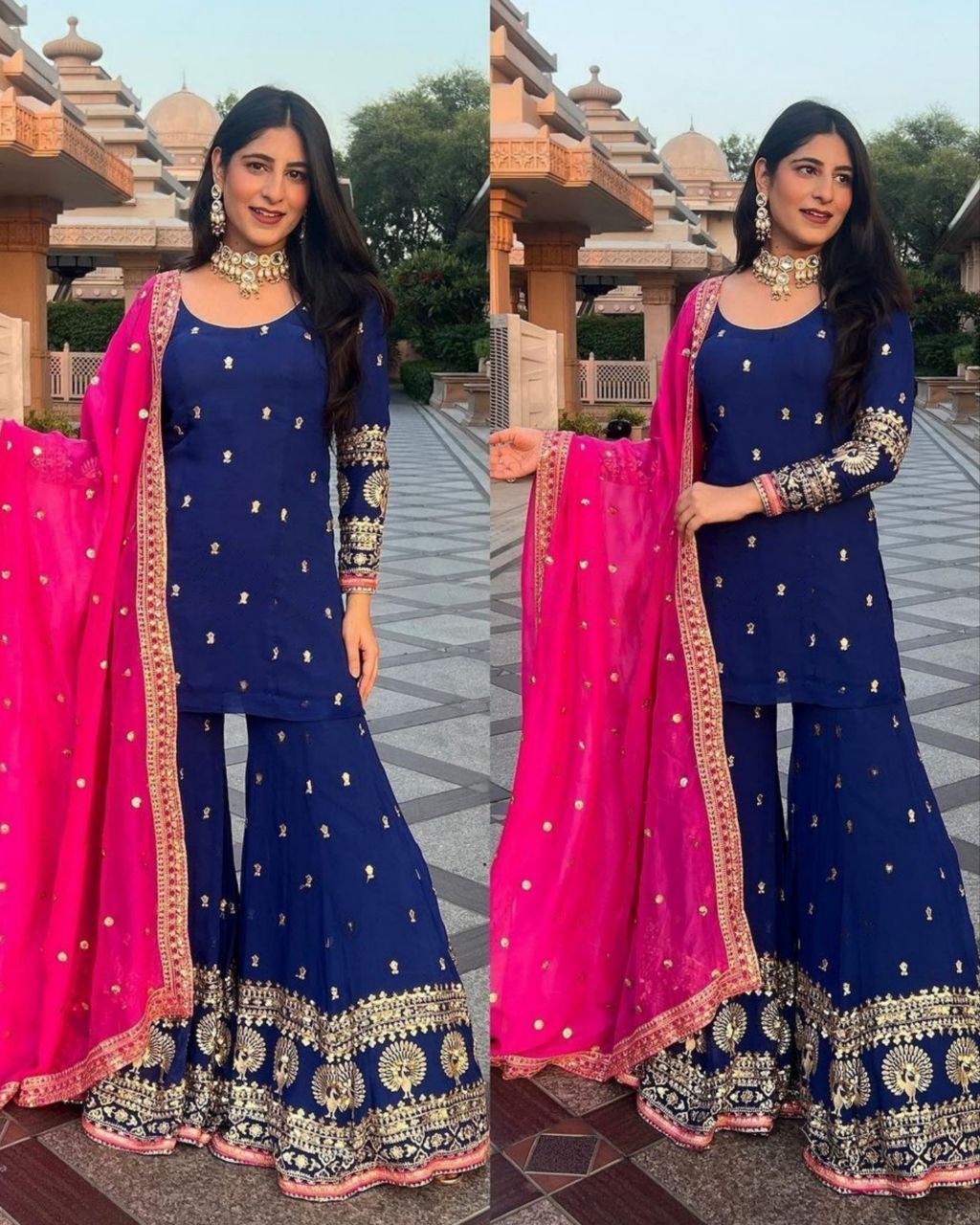 Ready To Wear Blue Faux Georgette Embroidery Work Sharara Suit With Dupatta