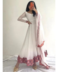 Ready To Wear White Faux Georgette Lace Work Anarkali Gown With Dupatta