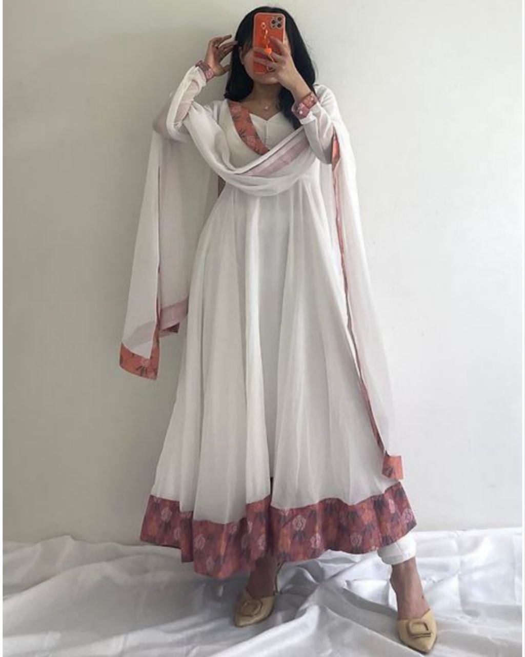 Ready To Wear White Faux Georgette Lace Work Anarkali Gown With Dupatta