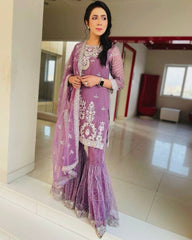 Gorgeous Laite Wine Mono Net Embroidery Work Gharara Suit With Dupatta