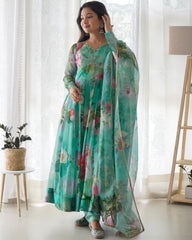 Ready To Wear Sky Tabby Silk Organza Digital Print Anarkali Gown With Dupatta