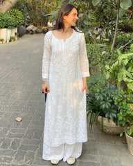 Ready To Wear White Maslin Cotton Embroidery Work Pakistani Plazzo Suit